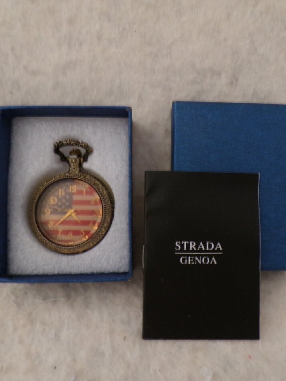 New Strada Pocket Watch Stars and Stripes American Flag Goldtone in Gift Box